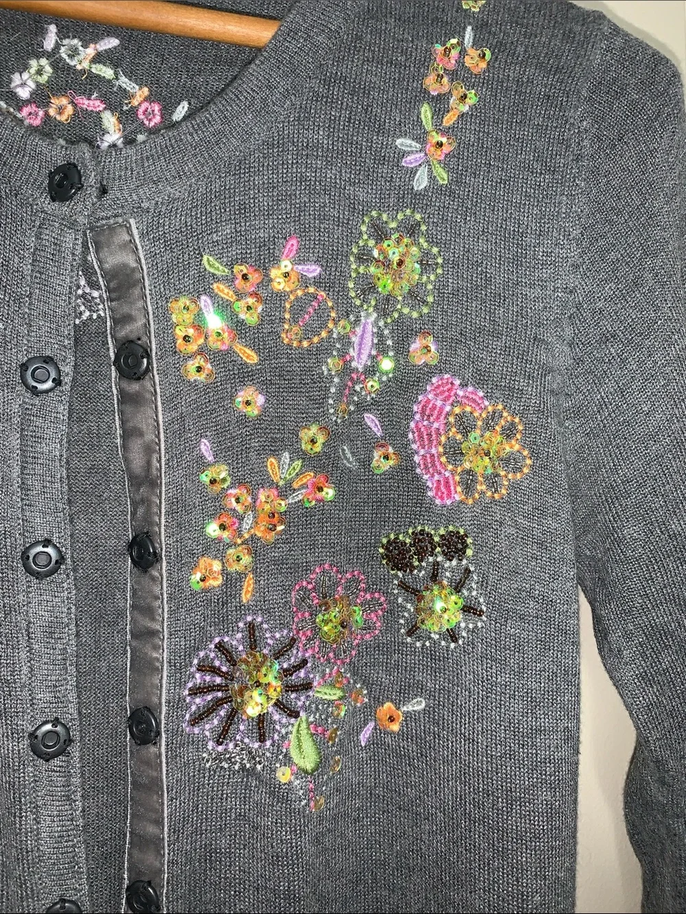 One Girl Who Gray Cardigan with Multicolor Sequin Floral Embroidery